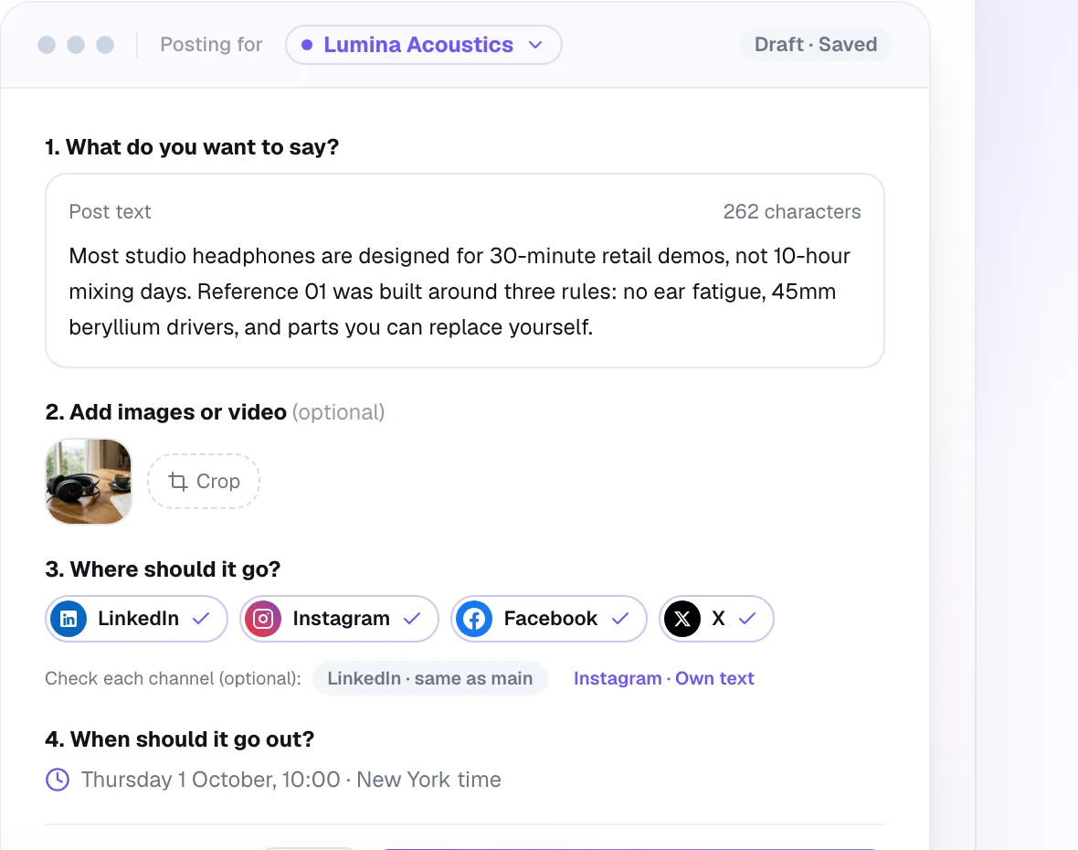 Orbit Cue composer posting for one brand to LinkedIn, Instagram, Facebook and X with its own schedule