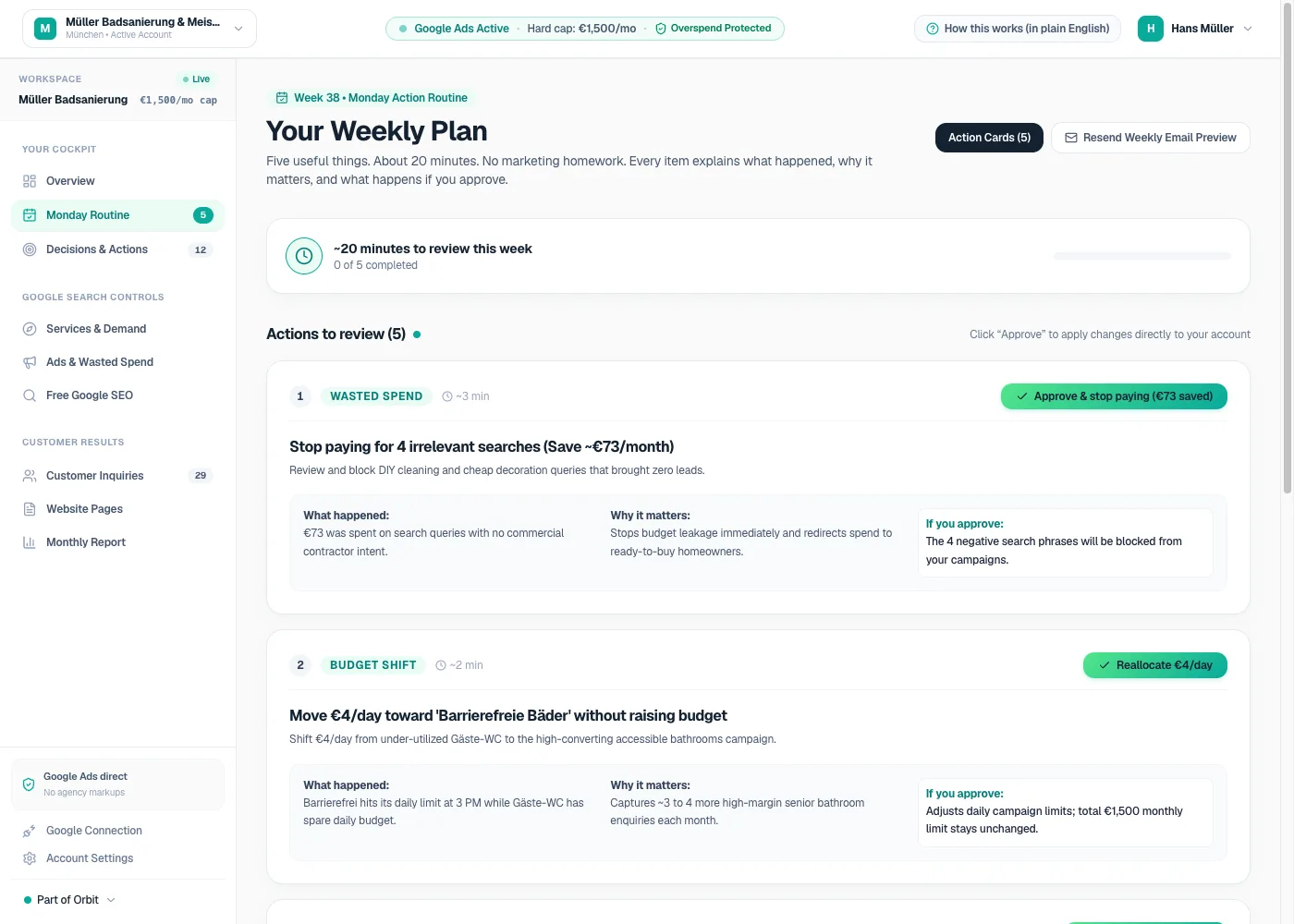 Orbit Grow weekly plan: five actions, each explaining what happened, why it matters and what approval does (demo data)